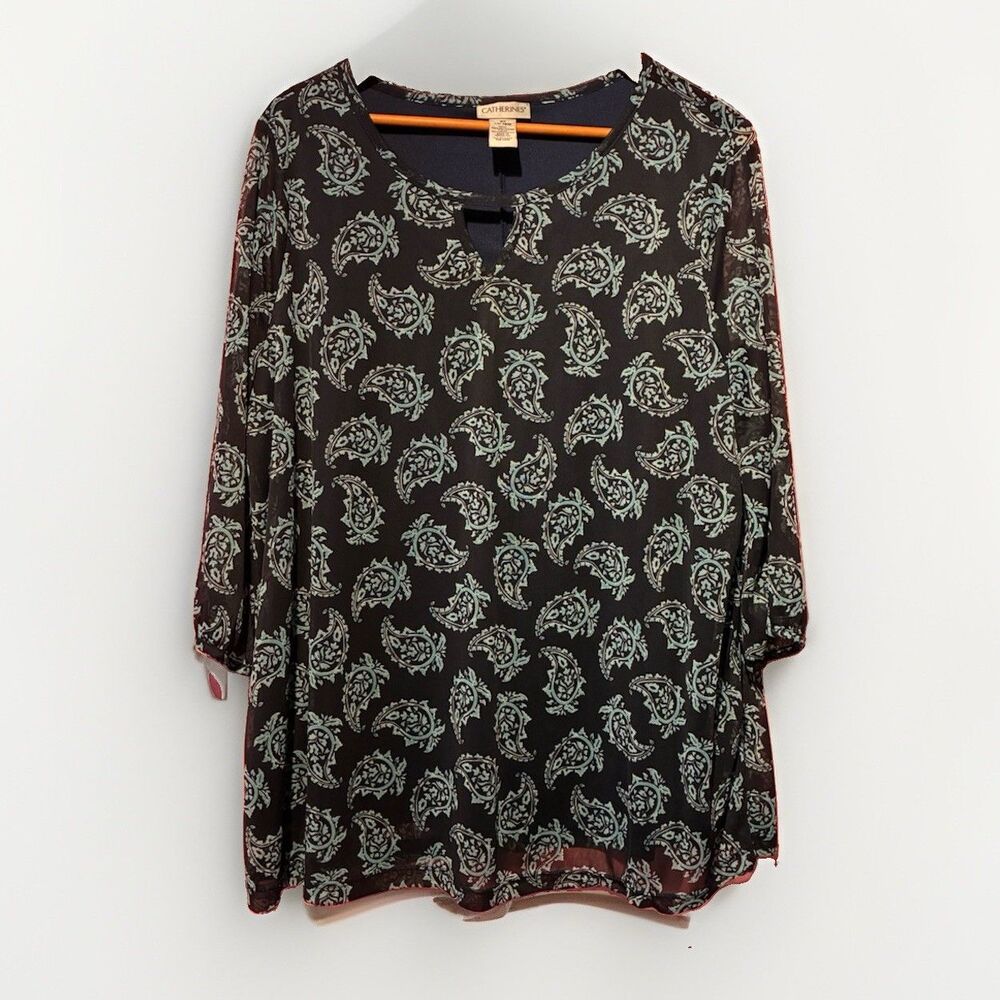 Catherines Blouse Womens 0X 14/16W Blue Paisley 3/4 Sleeve Tunic Plus Size